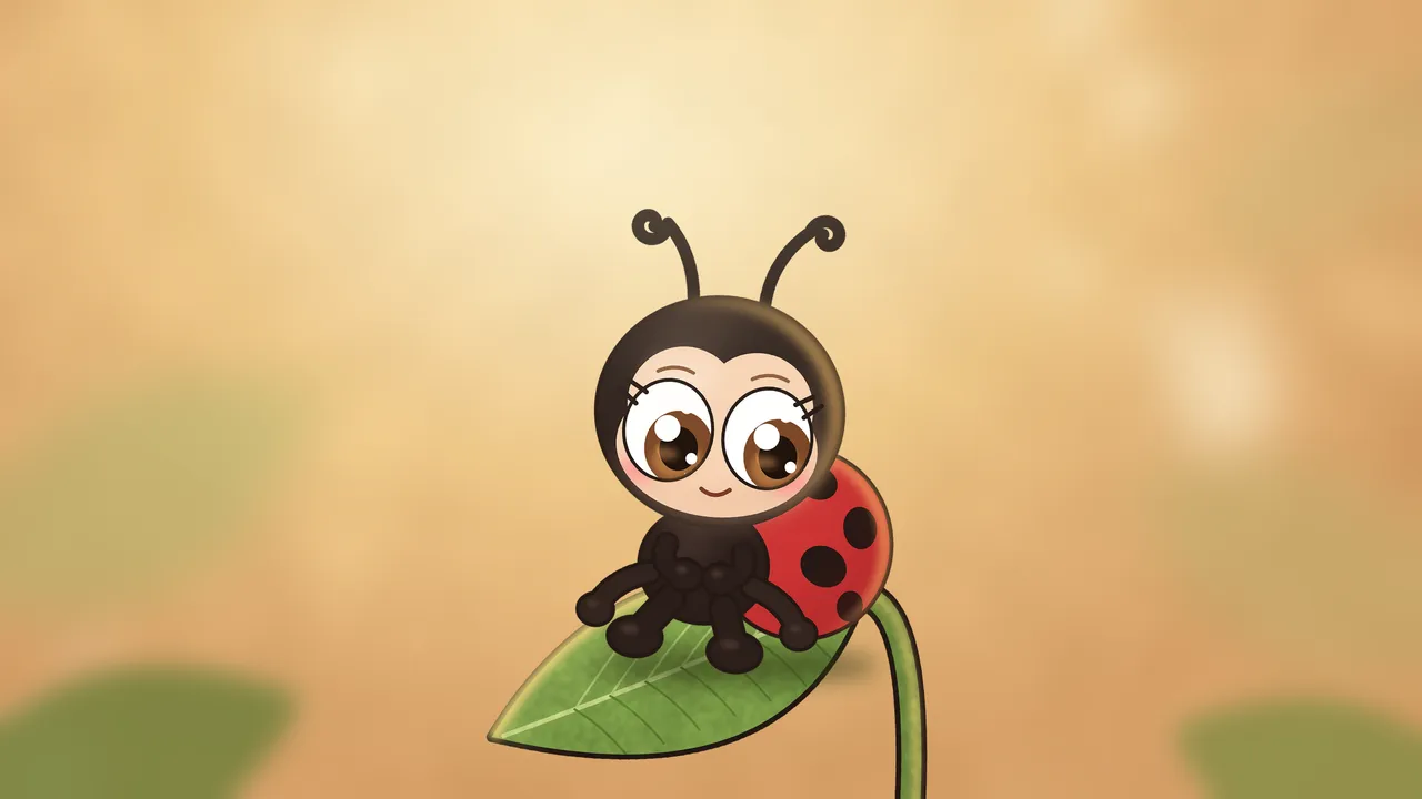 A baby ladybug with a big head and big sparkly eyes, sitting on a green leaf in warm golden light